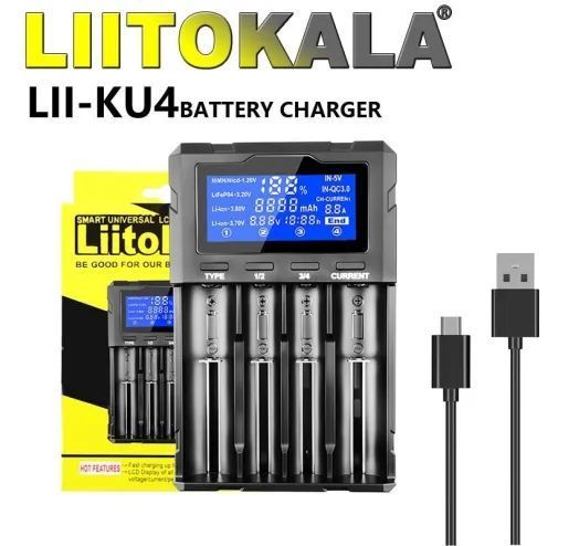 Зарядний пристрій універсальний LiitoKala Lii-KU4 LCD Type-C для акумуляторів (Li-ion IMR LiFe NiMH/CD) на 4 канали