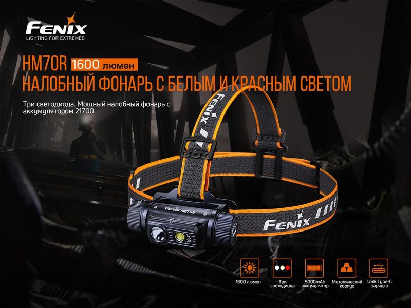 Налобний ліхтар Fenix HM70R 1600лм 1x21700 IP68