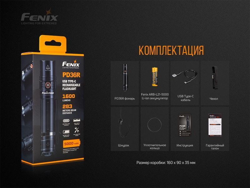Ручний тактичний ліхтар Fenix PD36R 1600лм USB type-C (Чорний)