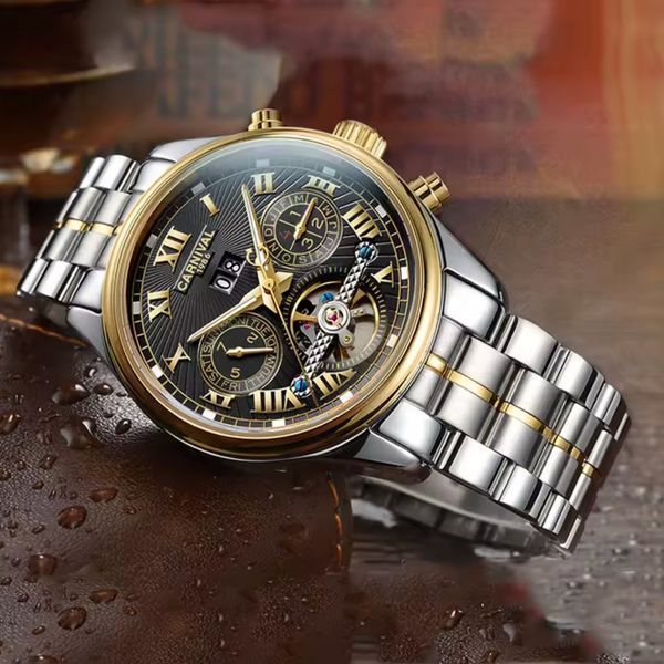 Часы мужские механические Carnival Sappfire Silver Leather Deluxe (2 ремешка)