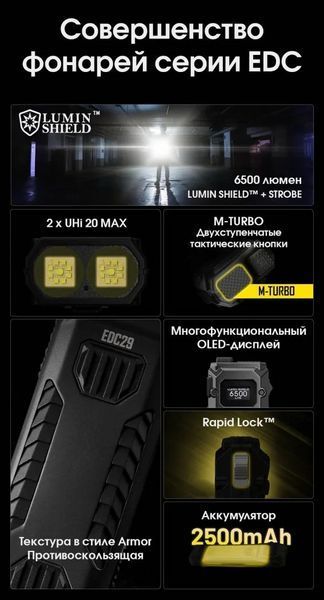 Сверхмощный мини фонарь Nitecore EDC29 USB-C OLED дисплей 6500лм 400м (7 режимов)