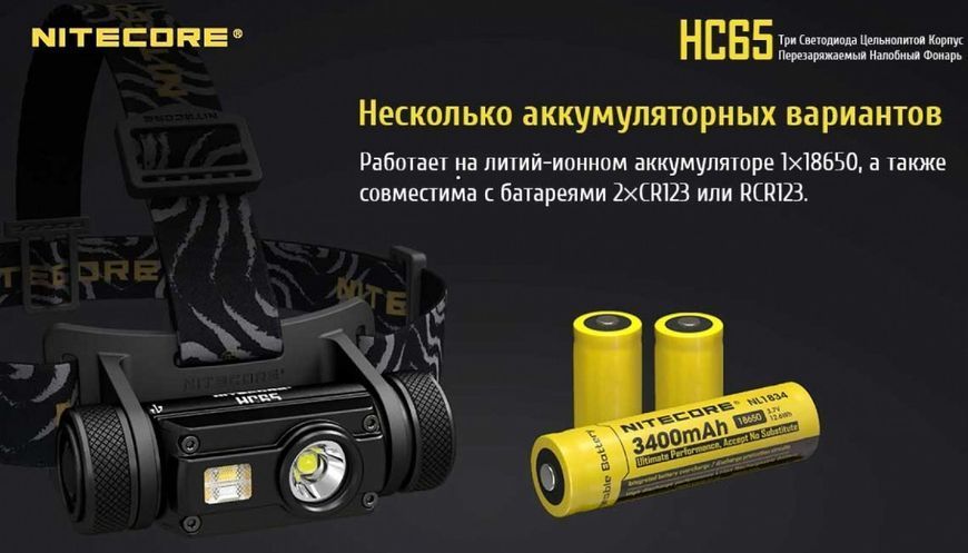 Ліхтар налобний Nitecore HC65 1000LM + Батарея 3400 mAh (оригінал) ліхтарик