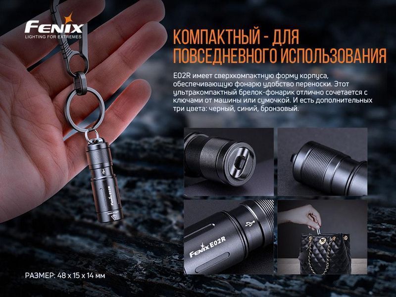 Ручной мини фонарик Fenix E02R 200лм Micro USB (Синий)