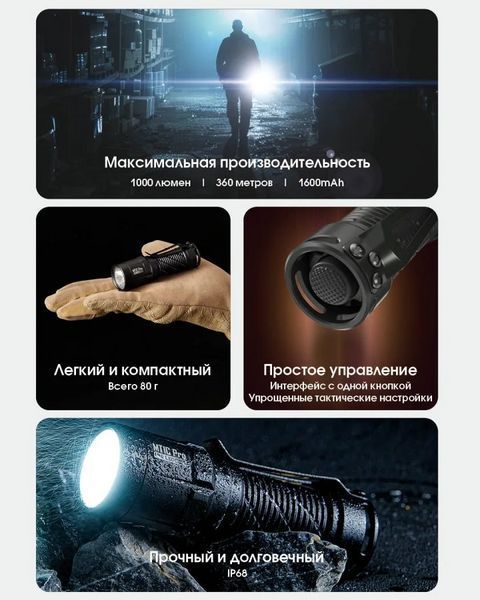 Карманный ручной фонарь EDC Nitecore MT1C Pro 1000лм USB-C (Черный)
