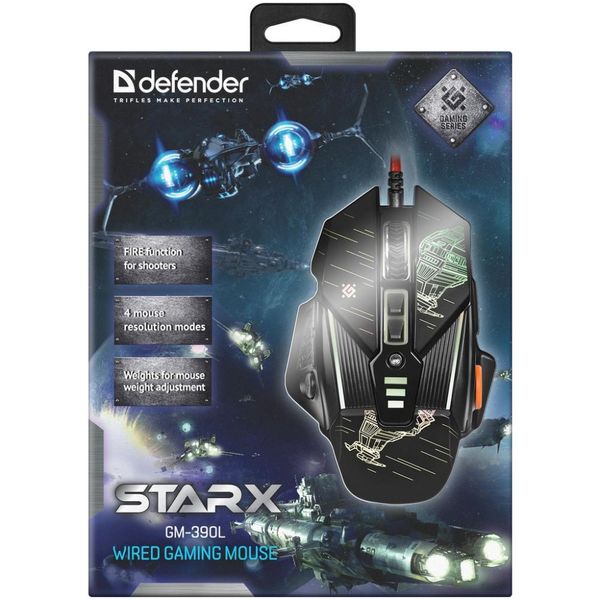 Ігрова миша Defender sTarx GM-390L з RGB підсвічуванням (7200dpi) 8 кнопок (Чорна)