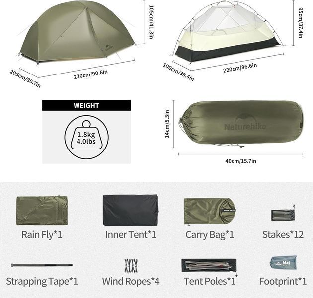 Палатка одноместная легкая Naturehike Mongar Pro 1 (Оливковый)