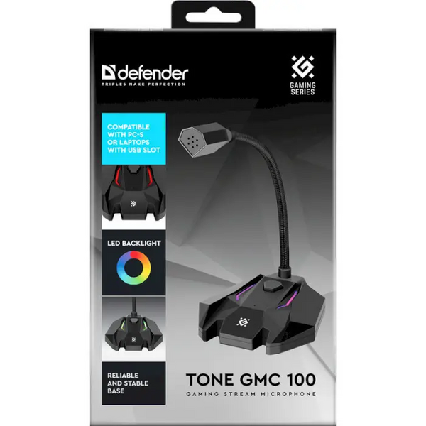 Стримовый микрофон Defender Tone GMC 100 USB LED (кабель 1.5м) Черный