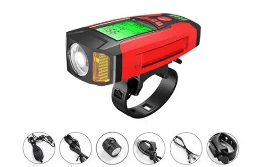 Вело фонарь + звонок + велокомпьютер AS0808 XPG+2LED(yellow)+COB(red) micro USB