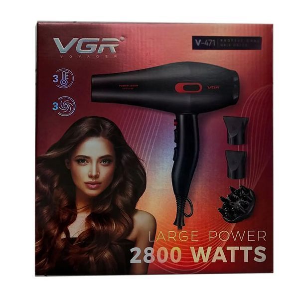 Фен професійний VGR V-471 (3 рівні обдування, 3 рівні температури) 2800 W 3 насадки Чорний