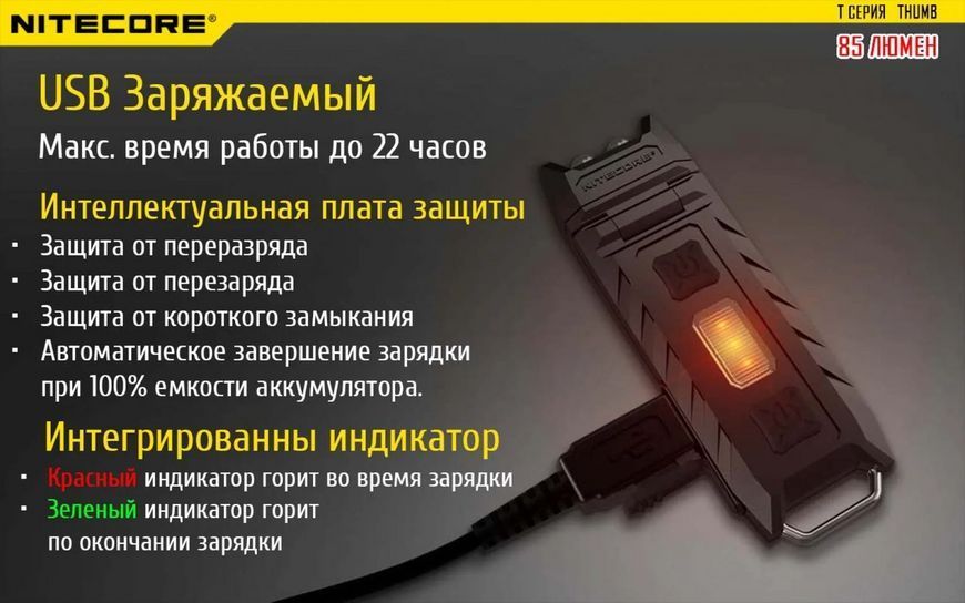 Ручной мини фонарик Nitecore THUMB 85лм (Черный)