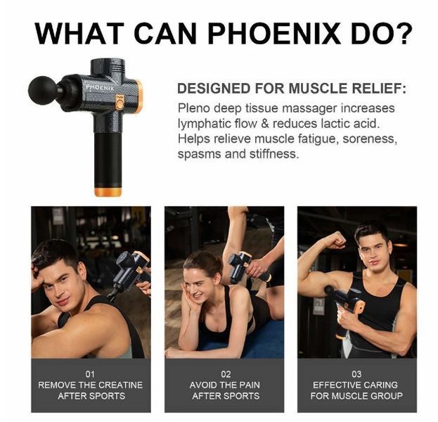 Ударний масажер тригерних точок Phoenix A2 Пістолет масажний 2400mAh 3 швидкості 6 насадок