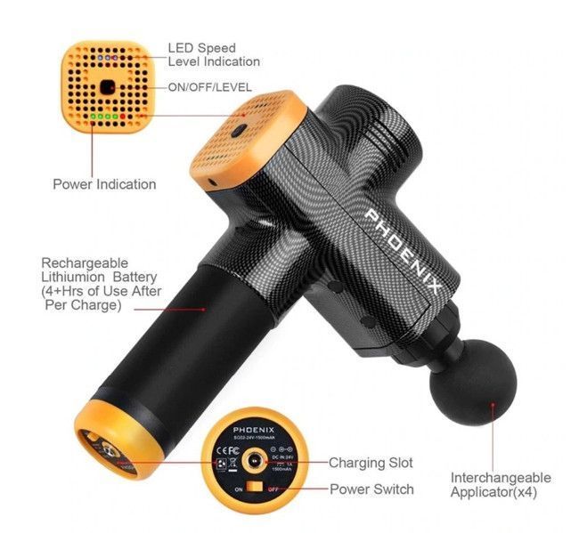 Ударний масажер тригерних точок Phoenix A2 Пістолет масажний 2400mAh 3 швидкості 6 насадок