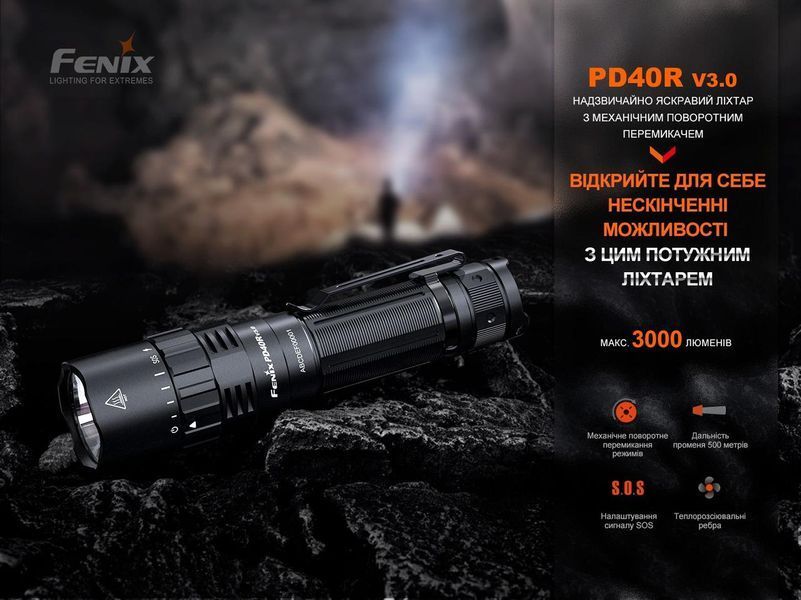 Тактичний ручний ліхтарик Fenix PD40R V3.0 3000лм USB Type-C (Чорний)