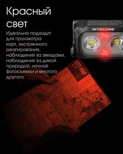 Налобний легкий ліхтарик Nitecore NU25 UL New з білим та червоним світлом (Чорний)