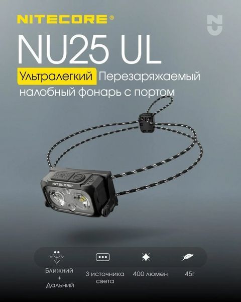 Налобний легкий ліхтарик Nitecore NU25 UL New з білим та червоним світлом (Чорний)