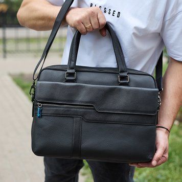 Мужской портфель (39 х 29 х 10 см) для ноутбука из натуральной кожи Черный