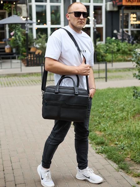 Чоловічий портфель (39 х 29 х 10 см) для ноутбука з натуральної шкіри Чорний