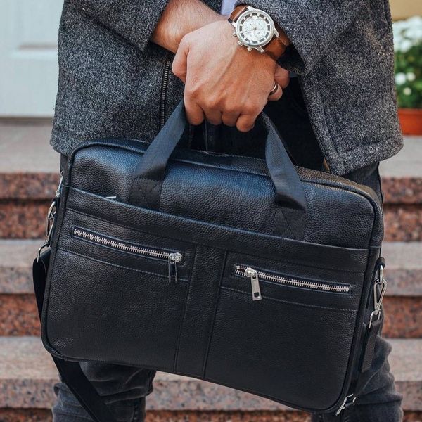 Чоловіча сумка-портфель для ноутбука Tiding Bag (39x 28 &times; 6 см) з натуральної шкіри Чорний