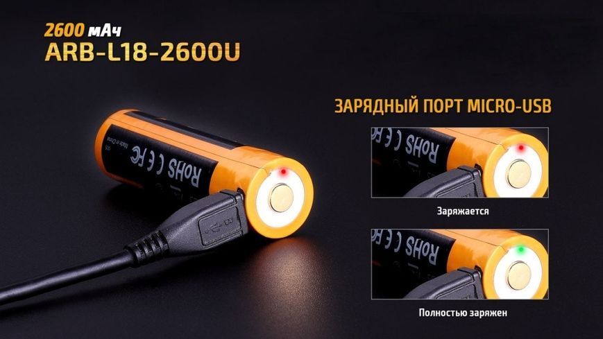 Акумулятор 18650 Fenix ​​2600 mAh із micro-usb зарядкою (Чорно-жовтий)