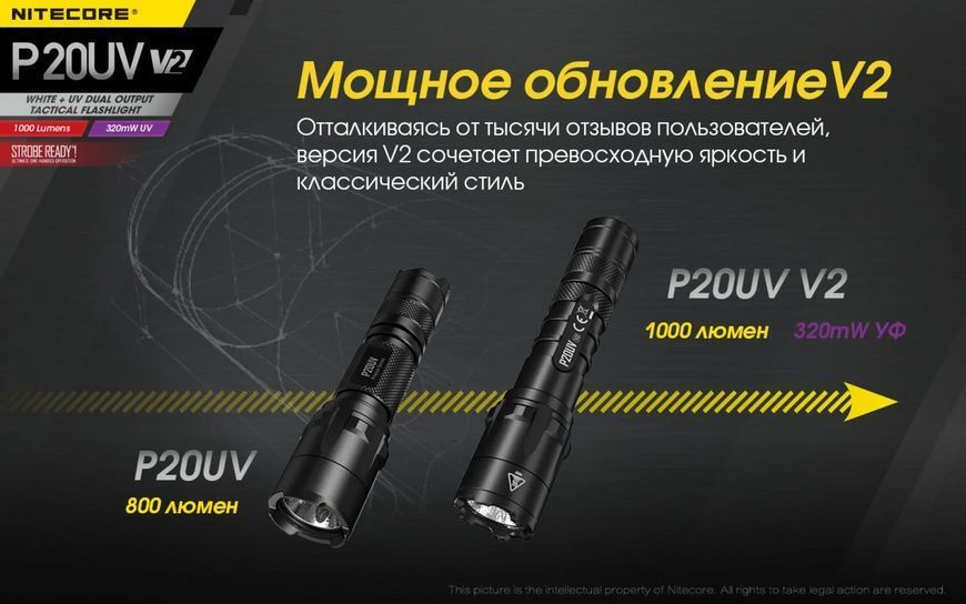 Тактический ручной фонарь Nitecore P20UV v2 с белым и ультрафиолетовым светом