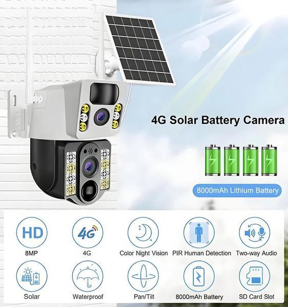 Камера уличная 4G V380Pro WiFi Sim 4K 8MP с солнечной панелью