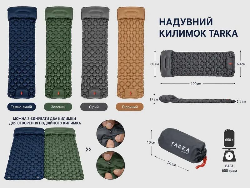 Надувний килимок (каремат, матрац) Tarka 190 х 60 см Зелений