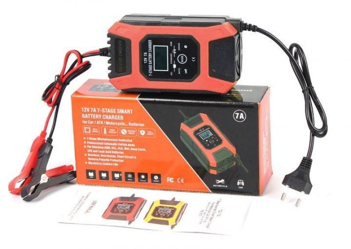 Зарядний пристрій для автомобільного акумулятора Foxsur 12V 7A (Червоний)
