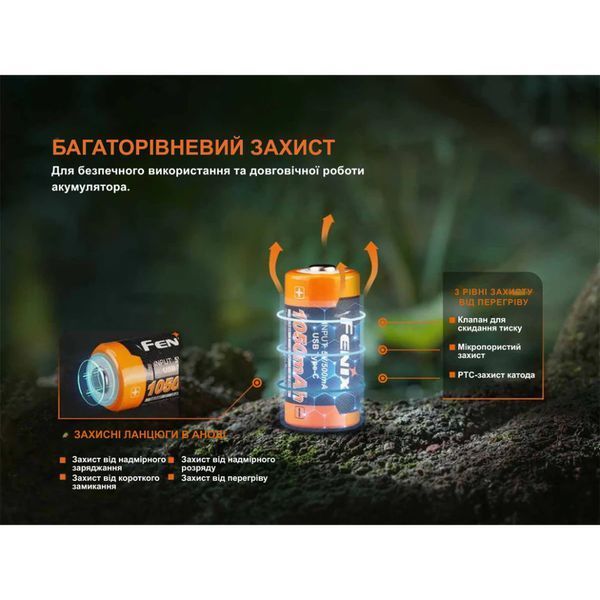 Акумулятор 16340 Fenix ARB-L16 1050 mAh 3.6В Li-ion Type-C (Чорно-жовтогарячий)