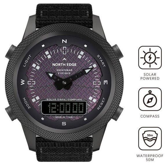 Мужские водостойкие тактические наручные часы North Edge Solar Compass (Черные)