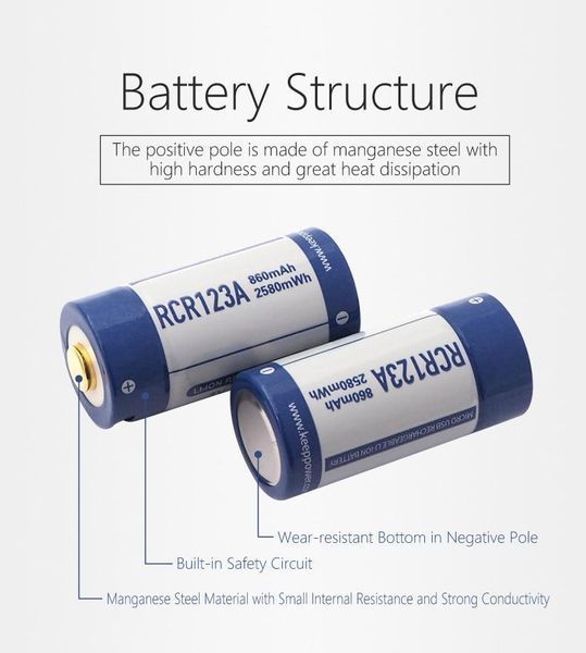 Акумулятор Keeppower 16340 RCR123A Li-ion 3.0 В 860 mAh з microUSB (Синій з білим)