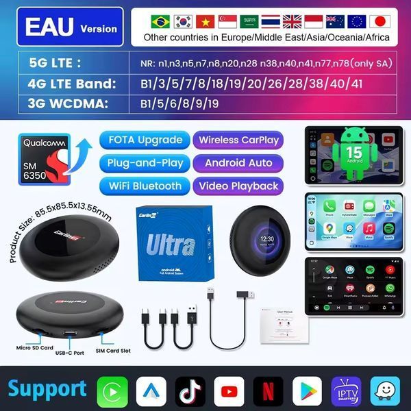 FM-трансмиттер CarlinKit Tbox Ultra v.3 SM6350 8/128 Android 15+ беспроводной CarPlay и Android Auto