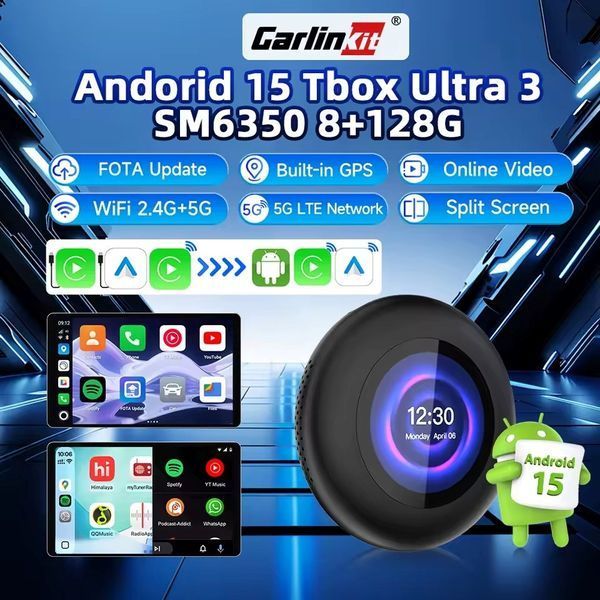 FM-трансмиттер CarlinKit Tbox Ultra v.3 SM6350 8/128 Android 15+ беспроводной CarPlay и Android Auto