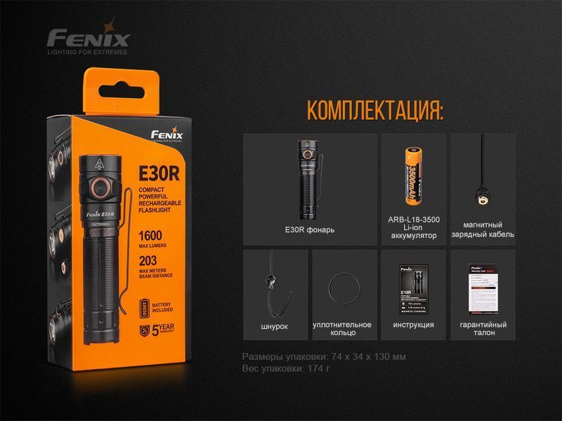 Ручний міні ліхтарик Fenix E30R Cree XP-L HI LED 1600лм micro USB (Чорний)