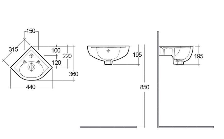 Кутова підвісна раковина RAK Ceramics Compact Corner 440x195x360 мм (RAK0048)
