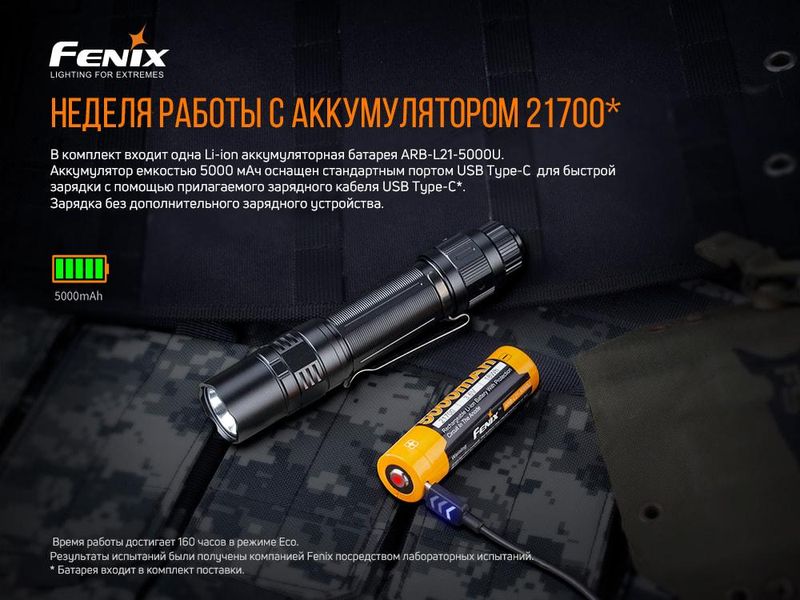 Ручной фонарик Fenix PD36TAC 3000лм 21700 (Черный)