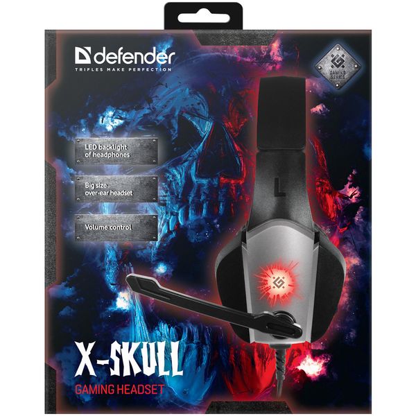 Наушники игровые Defender X-Skull с микрофоном и регулятором громкости (Black-Grey)