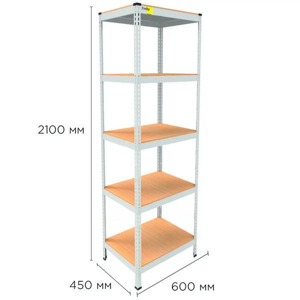 Металевий стелаж Emby Light Series (розмір 2100х600x450мм) 5 полиць ДСП до 100кг Білий