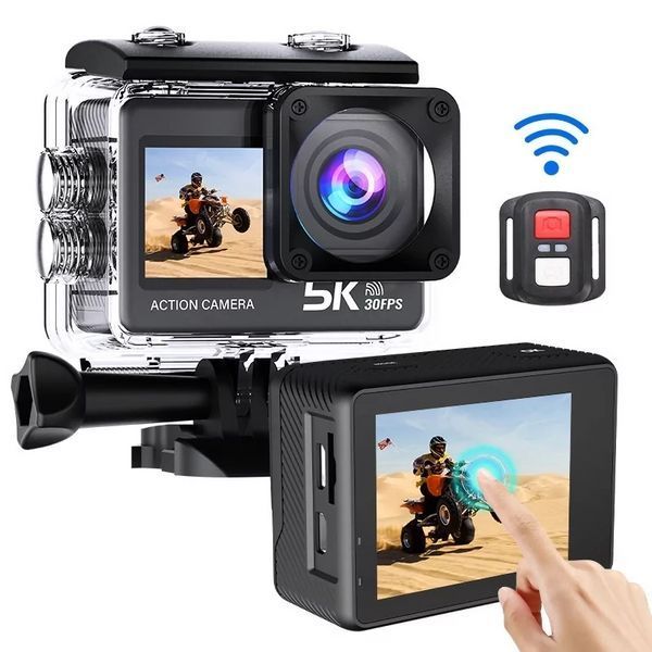 Экшн камера AT-M60TR Full HD 5K Wi-Fi с пультом ДУ и 2 экранами (Черный)