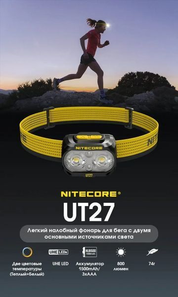 Налобный фонарь для бега с универсальным питанием Nitecore UT27 Pro (3xAAA USB-C) Черный