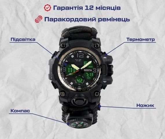 Чоловічий наручний годинник Besta Life Pro з компасом (Чорний)