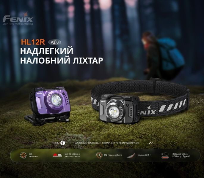 Налобный фонарь Fenix ​​HL12R V2.0 белый и красный свет 500лм 125м Фиолетовый