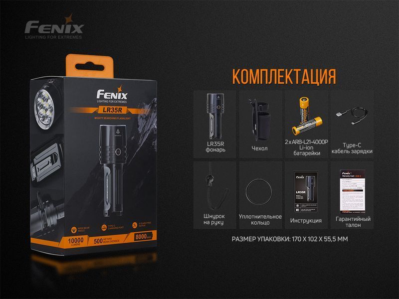 Тактичний ручний ліхтар Fenix LR35R 10000лм Type-C (Чорний)