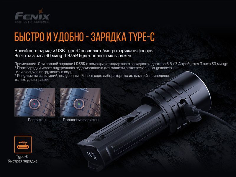 Тактичний ручний ліхтар Fenix LR35R 10000лм Type-C (Чорний)