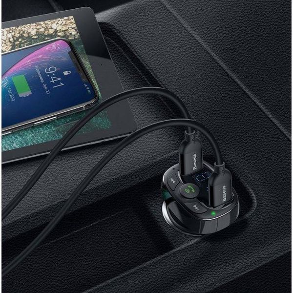 FM-модулятор трансмиттер Baseus T-Typed + bluetooth (2USB) CCTM-01 Black